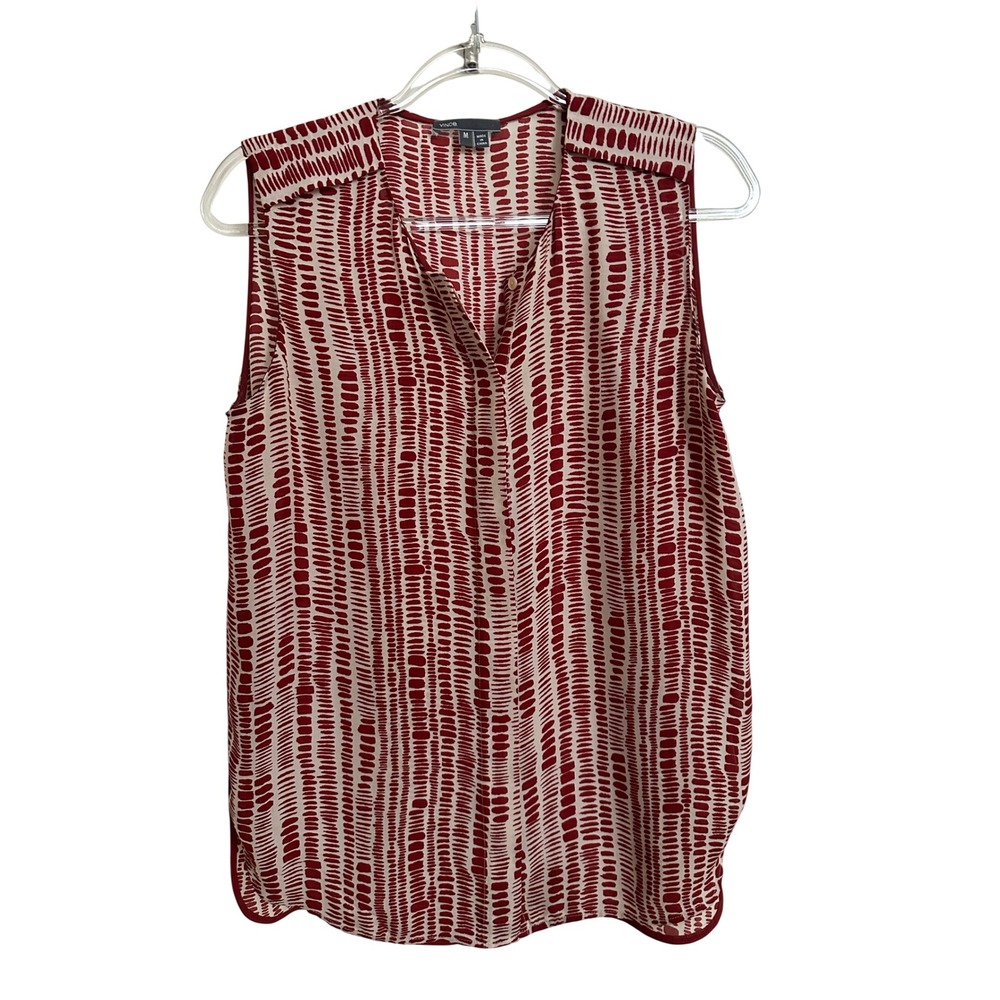 Vince Red Cream Abstract Dash Print 100% Silk V-Neck Sleeveless Blouse Medium